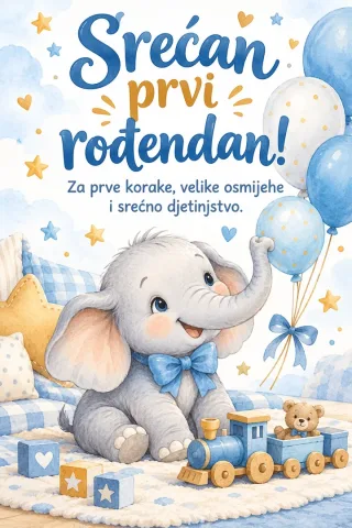 Čestitka · Srećan prvi rođendan - Plavi slonić