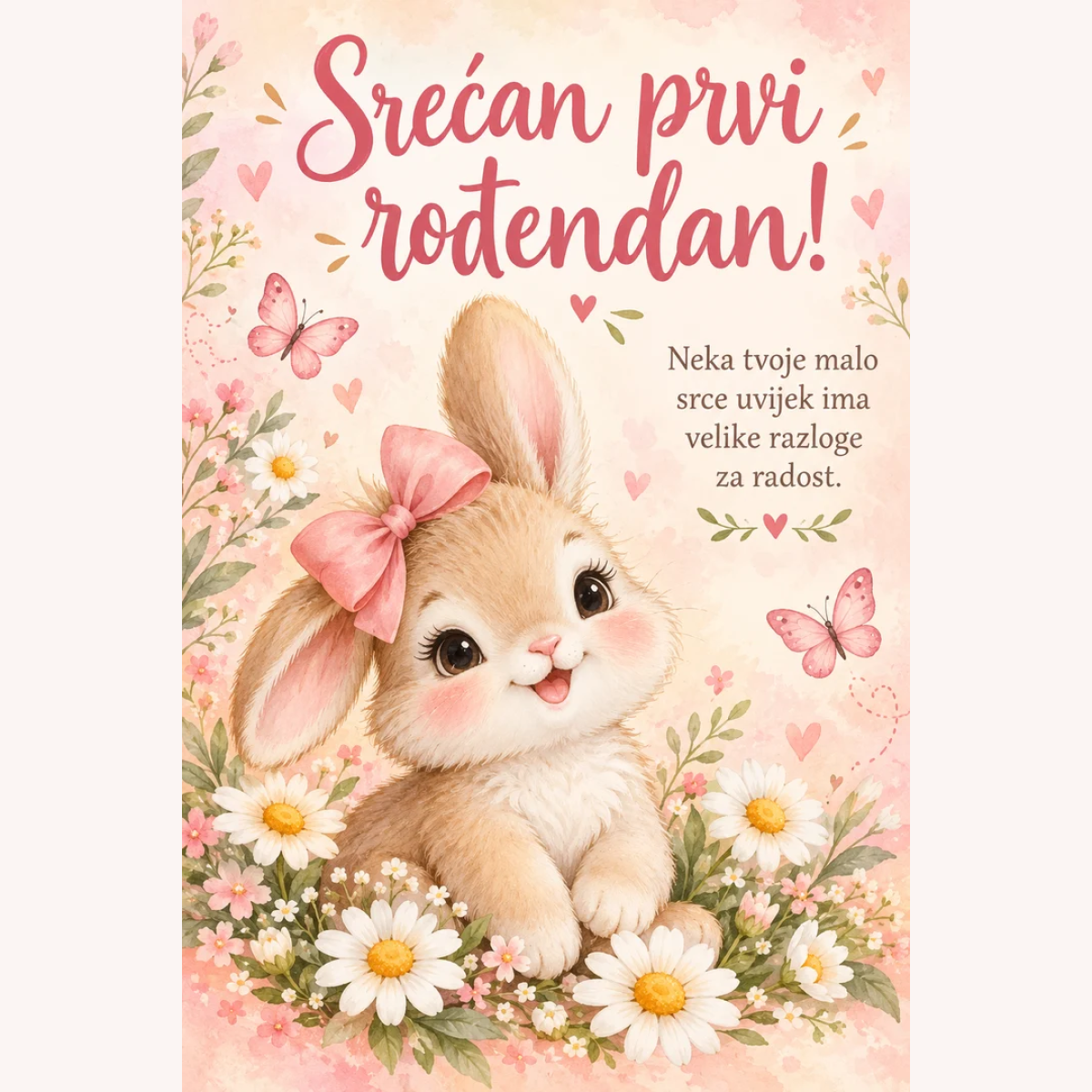 Čestitka · Srećan prvi rođendan - Ružičasti zeko – prikaz izdelka