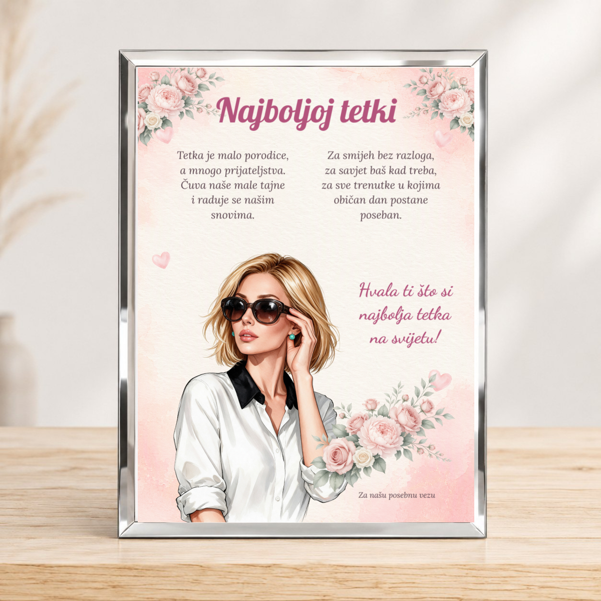 Najboljoj tetki · Sa stilom i srcem · Foto staklo – uspravno – prikaz proizvoda